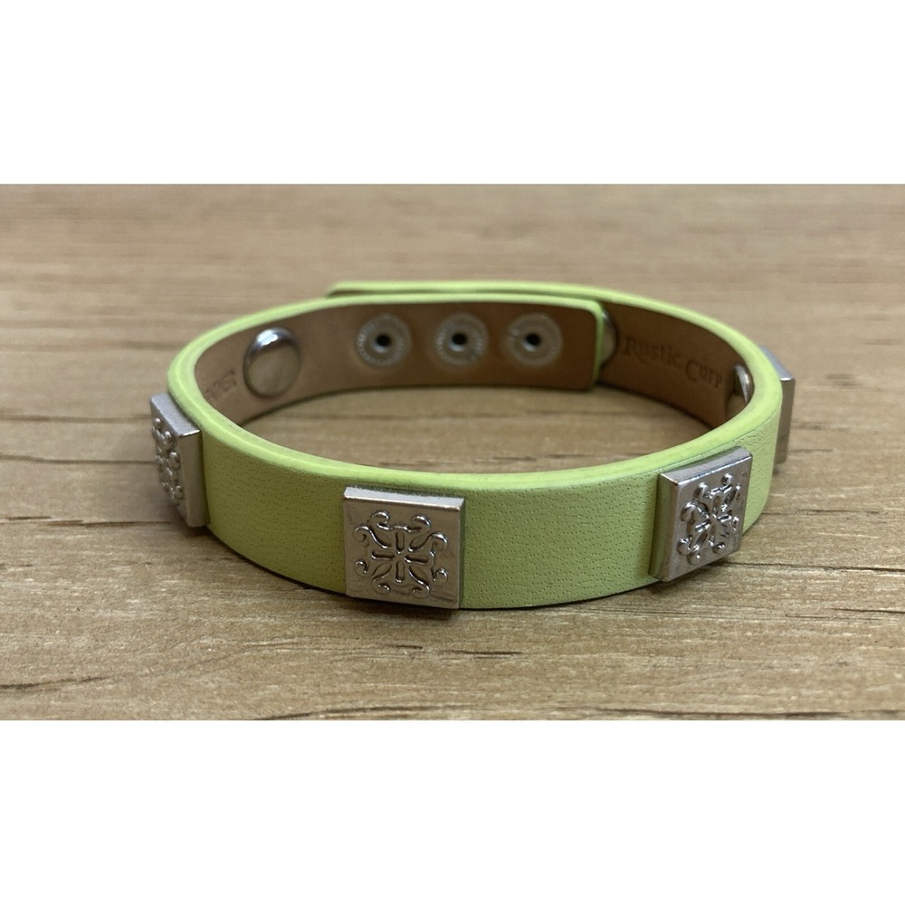 Rustic Cuff Silver Tone  Light Green Leather Bracelet